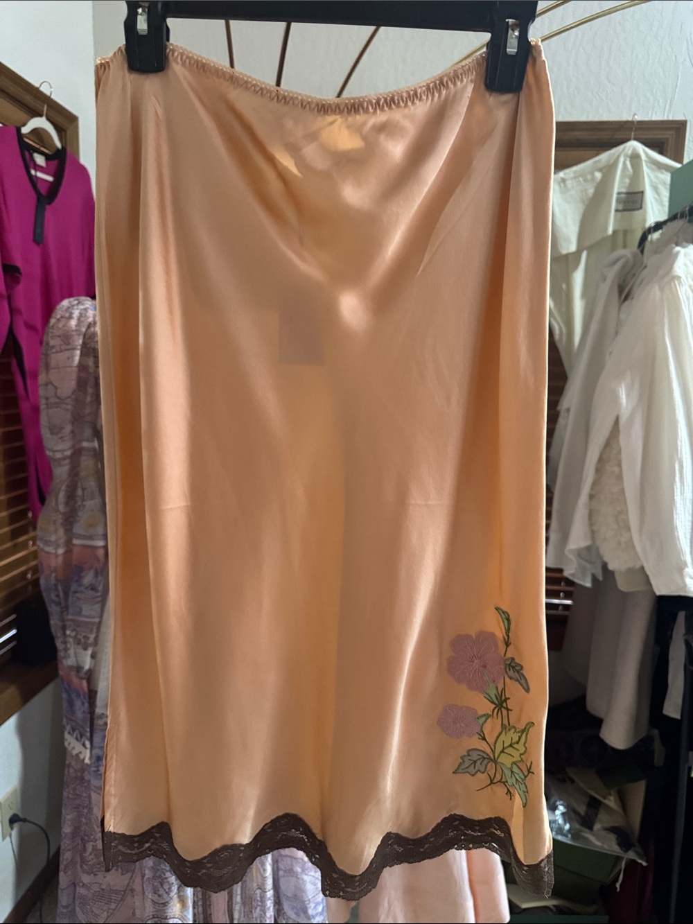 Gold Hawk Silk Luxurious Skirt, Shimmering Peach Embroidered, NWT, $220MSRP